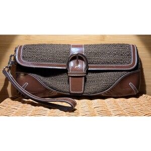 Vintage Chocolate Brown Tweed Patent Leather Clutch Wristlet Boho Y2K 10x4.5x1.5